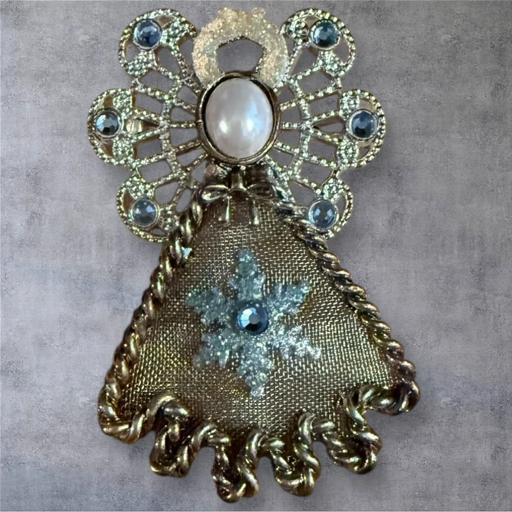 Vintage Silver-Tone Angel Brooch with Mesh & Blue Rhinestones